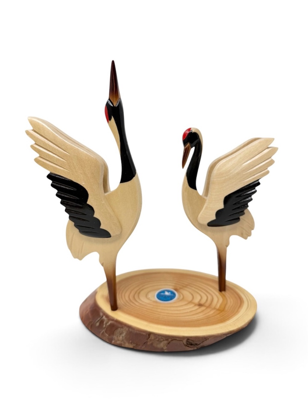 Mid Century Modern Carved Wood Red Crown Cranes Vintage Figurine
